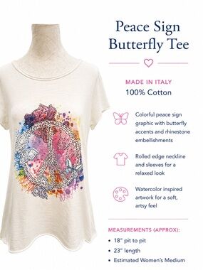 Made in Italy Butterfly Peace Sign Tee | 100% Cotton | Boho Beach Top M